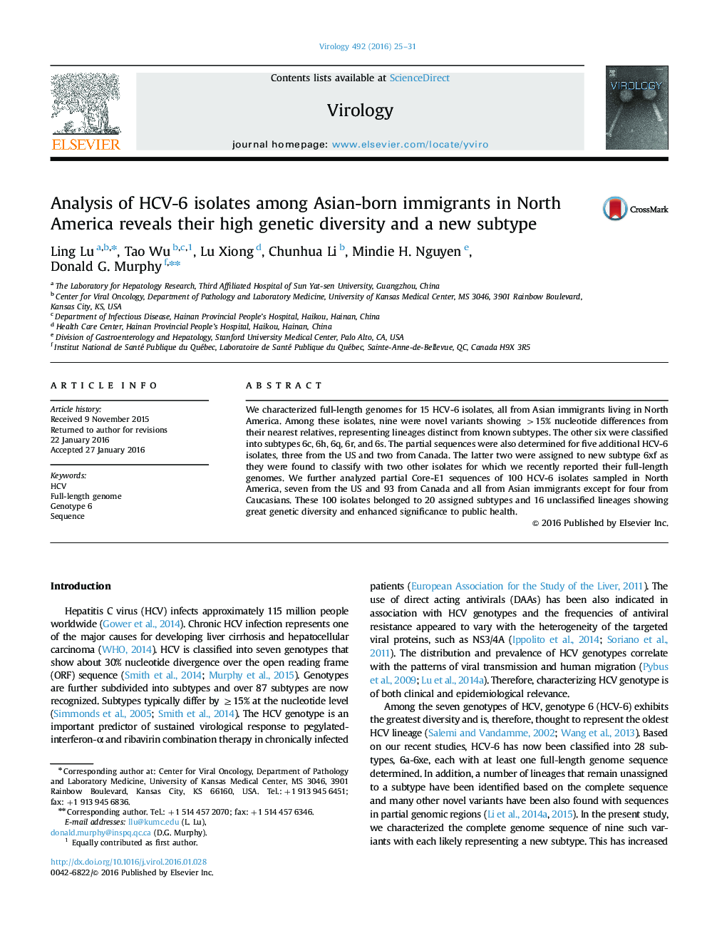 Analysis of HCV-6 isolates among Asian-born immigrants in North America reveals their high genetic diversity and a new subtype