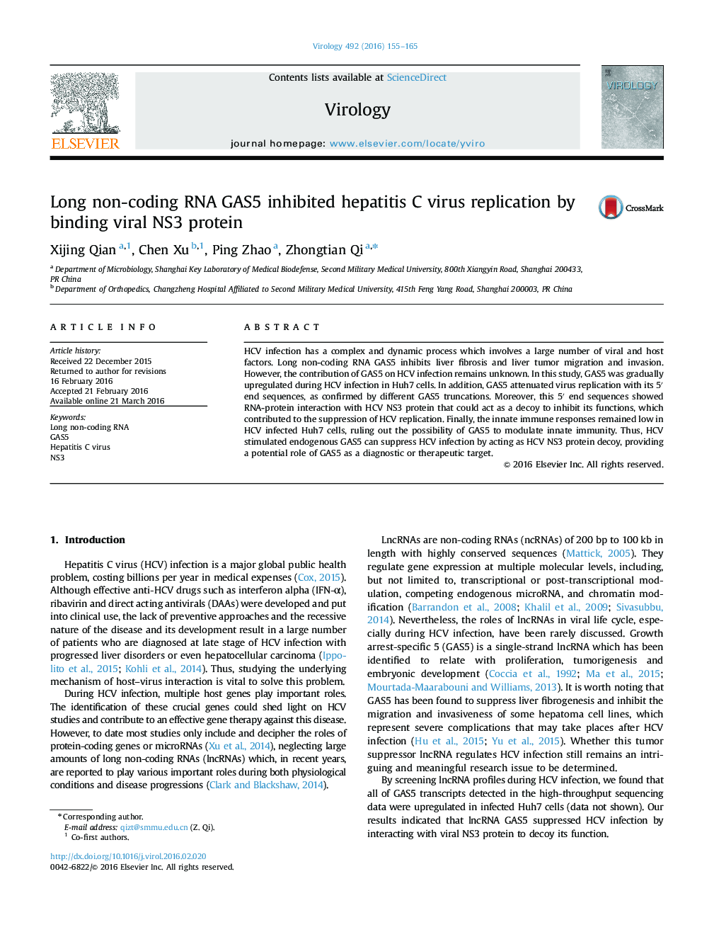 Long non-coding RNA GAS5 inhibited hepatitis C virus replication by binding viral NS3 protein