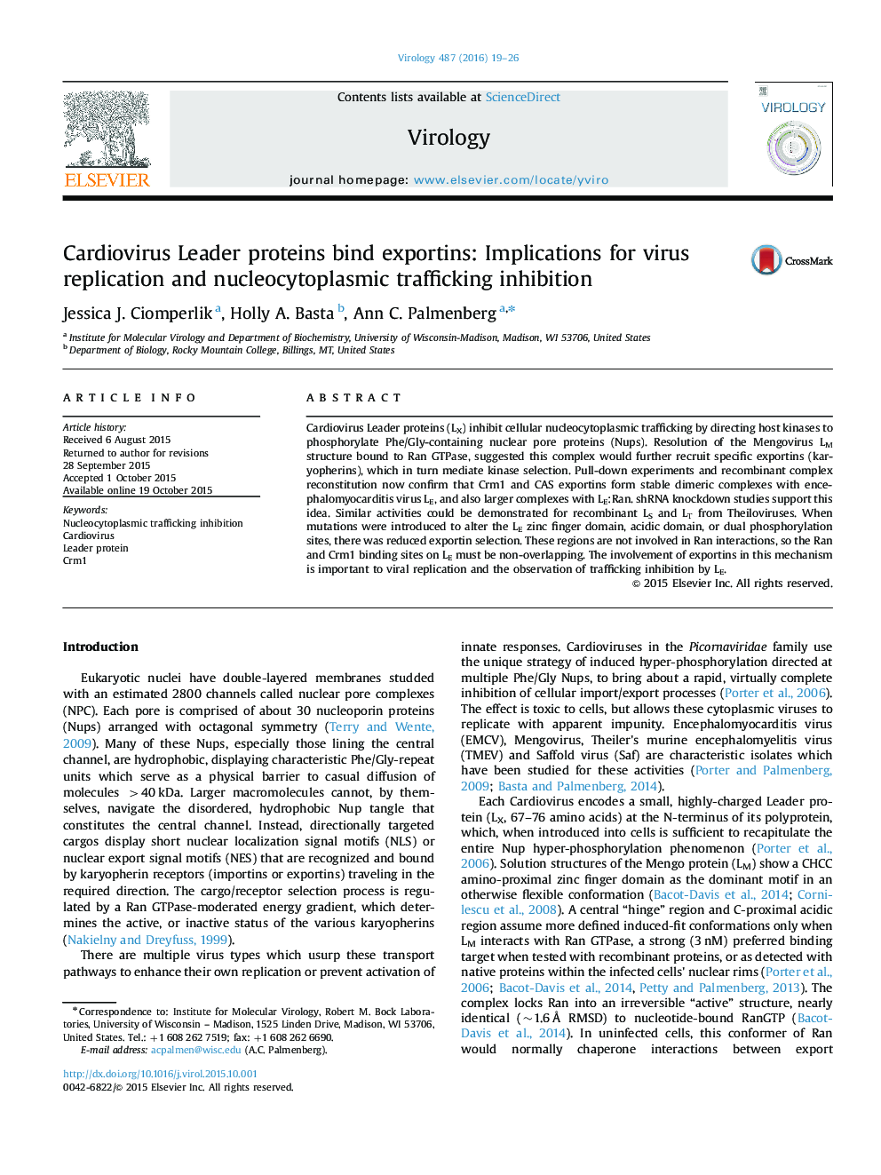 Cardiovirus Leader proteins bind exportins: Implications for virus replication and nucleocytoplasmic trafficking inhibition