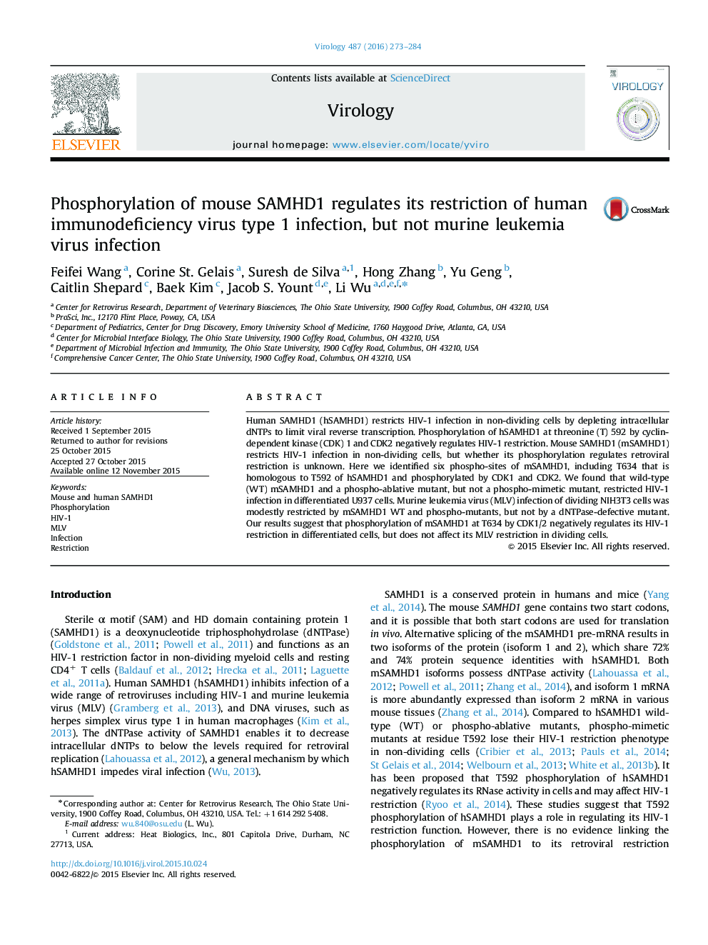 Phosphorylation of mouse SAMHD1 regulates its restriction of human immunodeficiency virus type 1 infection, but not murine leukemia virus infection