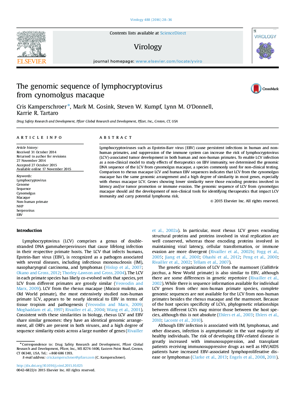The genomic sequence of lymphocryptovirus from cynomolgus macaque