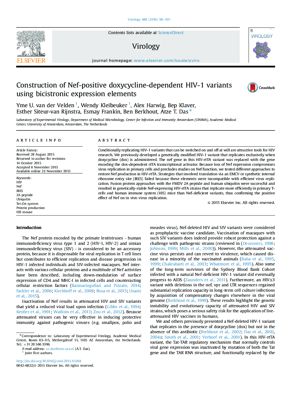 Construction of Nef-positive doxycycline-dependent HIV-1 variants using bicistronic expression elements