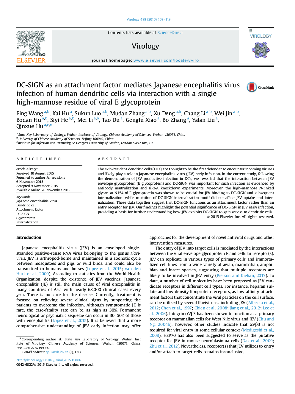 DC-SIGN as an attachment factor mediates Japanese encephalitis virus infection of human dendritic cells via interaction with a single high-mannose residue of viral E glycoprotein