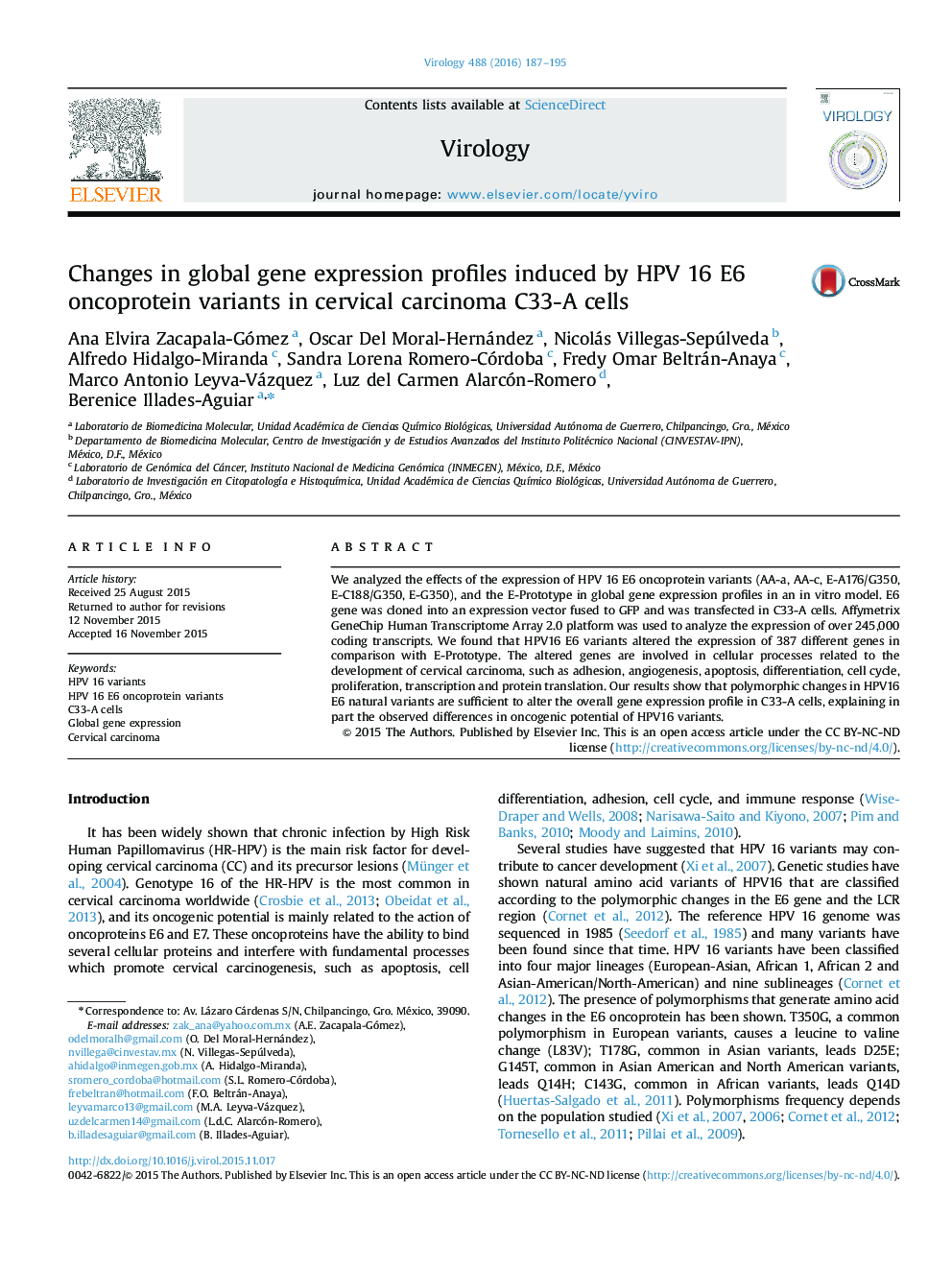 Changes in global gene expression profiles induced by HPV 16 E6 oncoprotein variants in cervical carcinoma C33-A cells