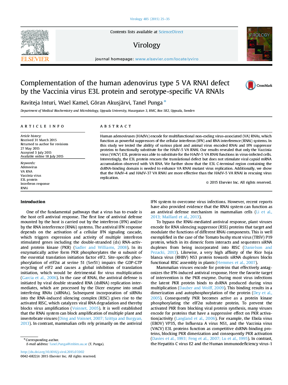 Complementation of the human adenovirus type 5 VA RNAI defect by the Vaccinia virus E3L protein and serotype-specific VA RNAIs