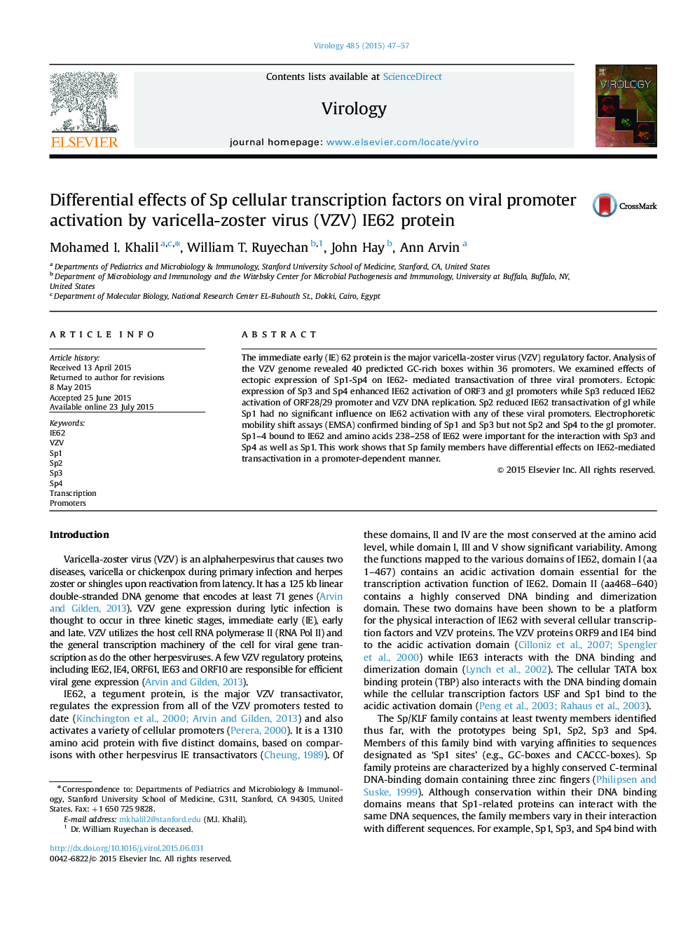 Differential effects of Sp cellular transcription factors on viral promoter activation by varicella-zoster virus (VZV) IE62 protein