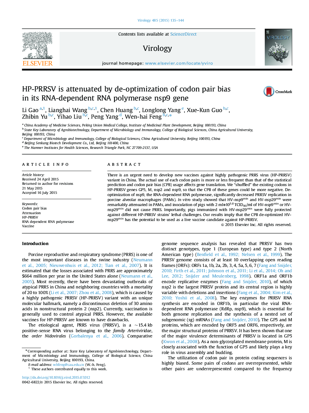 HP-PRRSV is attenuated by de-optimization of codon pair bias in its RNA-dependent RNA polymerase nsp9 gene