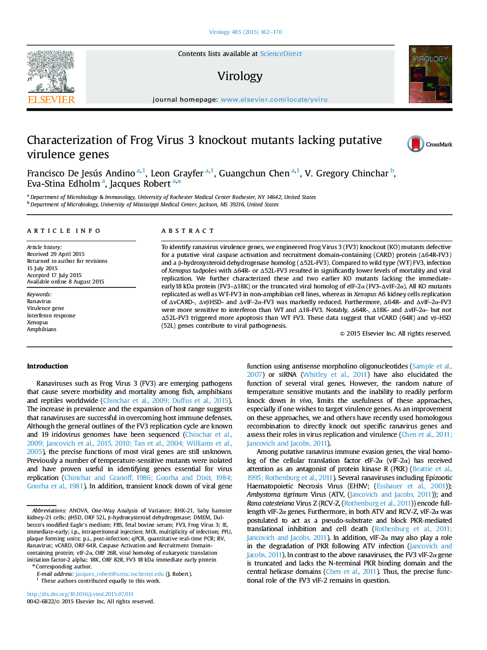 Characterization of Frog Virus 3 knockout mutants lacking putative virulence genes