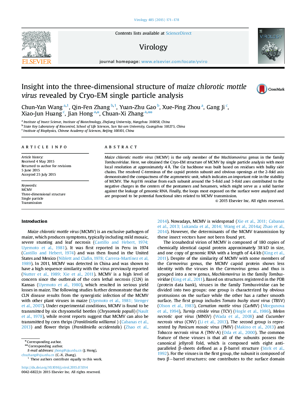 Insight into the three-dimensional structure of maize chlorotic mottle virus revealed by Cryo-EM single particle analysis