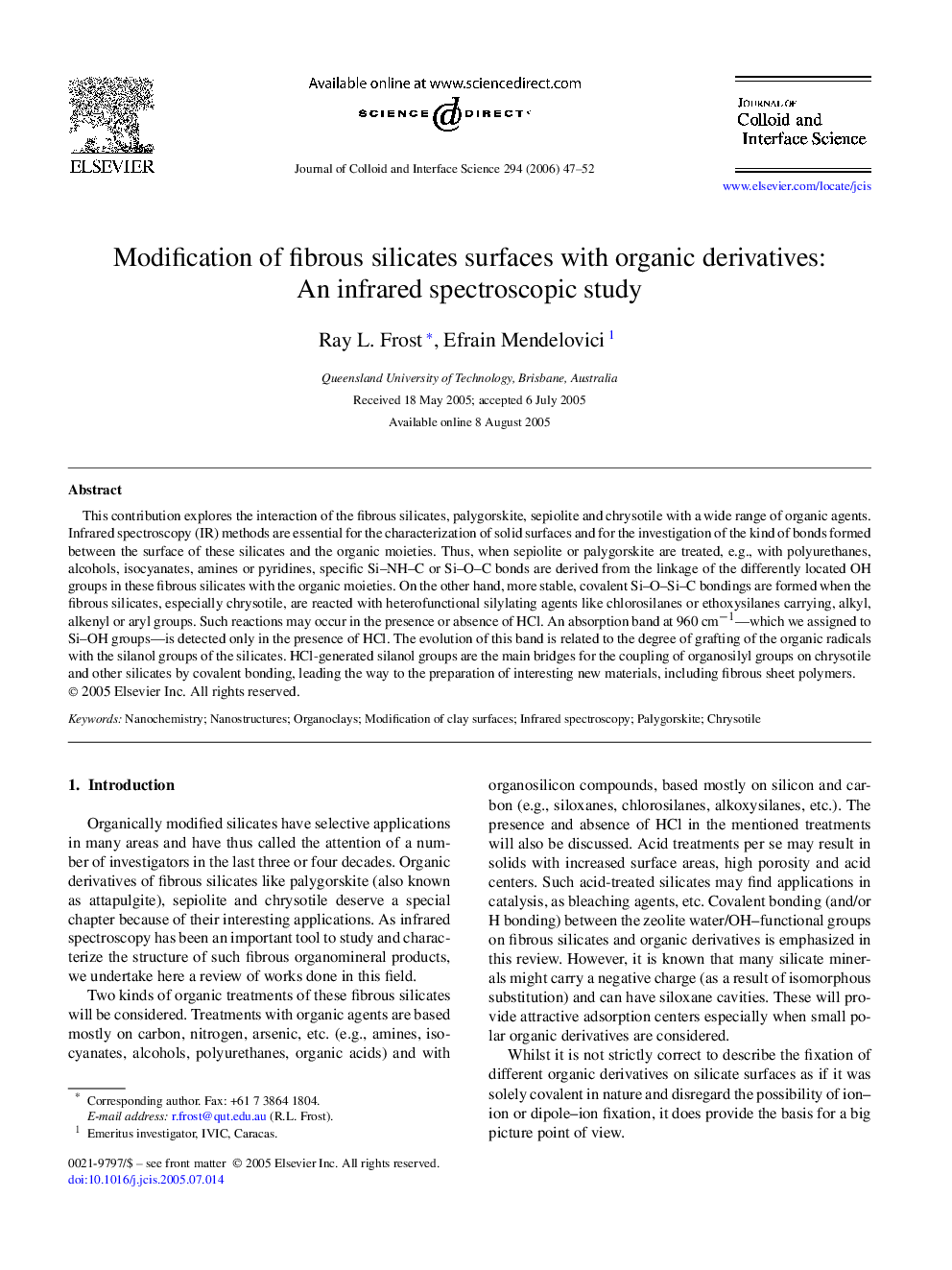 Modification of fibrous silicates surfaces with organic derivatives: An infrared spectroscopic study