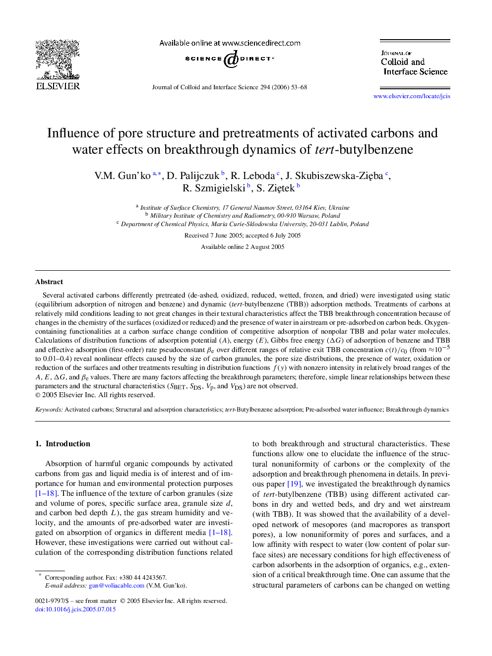 Influence of pore structure and pretreatments of activated carbons and water effects on breakthrough dynamics of tert-butylbenzene