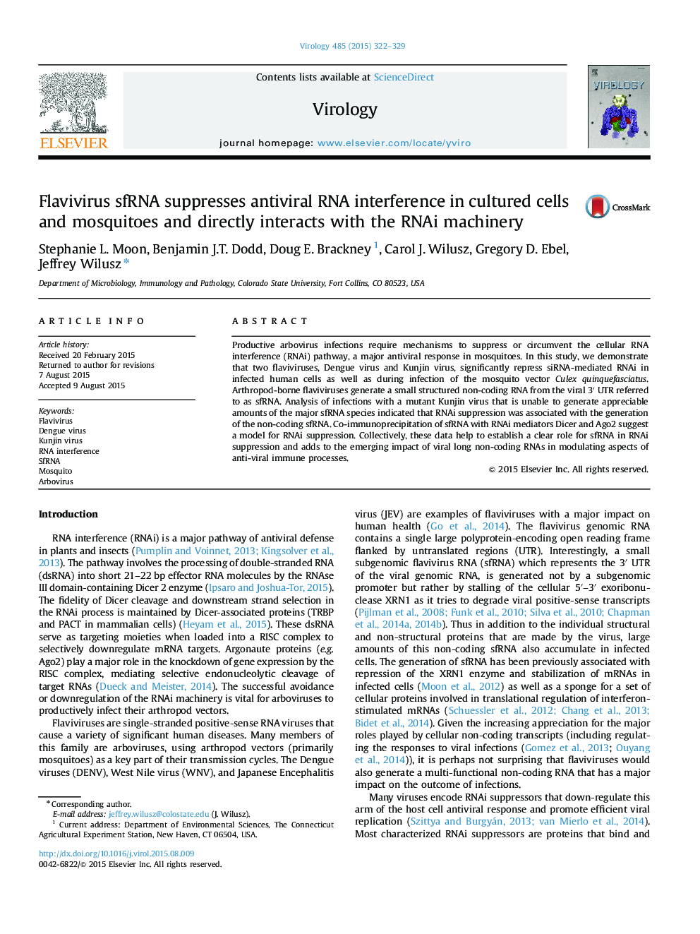 Flavivirus sfRNA suppresses antiviral RNA interference in cultured cells and mosquitoes and directly interacts with the RNAi machinery