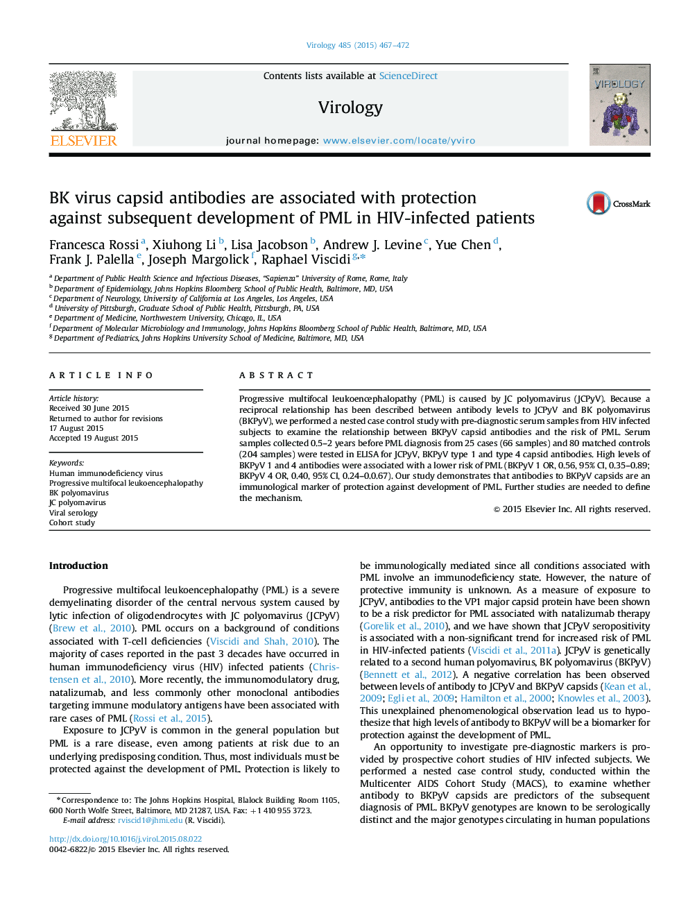 BK virus capsid antibodies are associated with protection against subsequent development of PML in HIV-infected patients