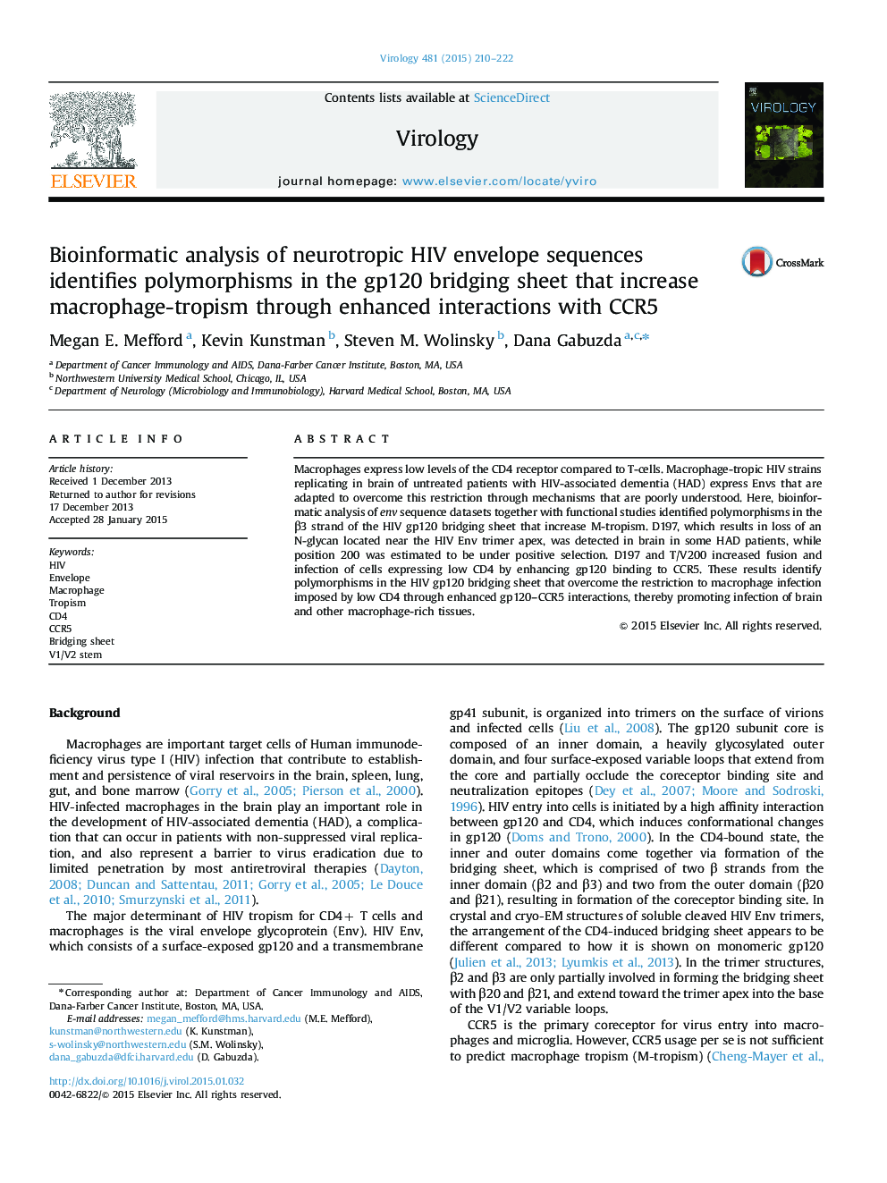 Bioinformatic analysis of neurotropic HIV envelope sequences identifies polymorphisms in the gp120 bridging sheet that increase macrophage-tropism through enhanced interactions with CCR5