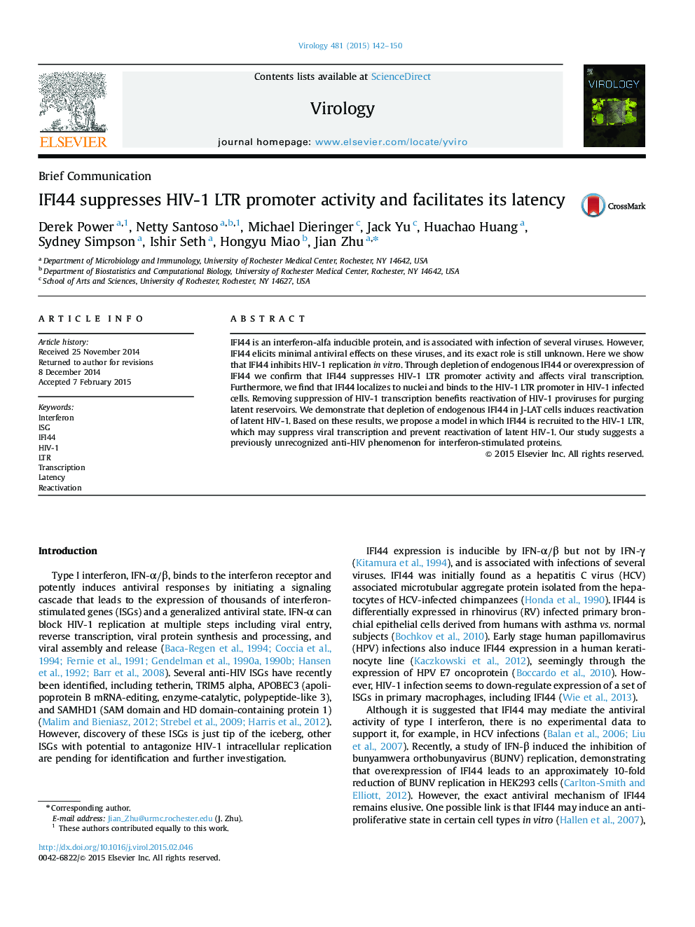 IFI44 suppresses HIV-1 LTR promoter activity and facilitates its latency