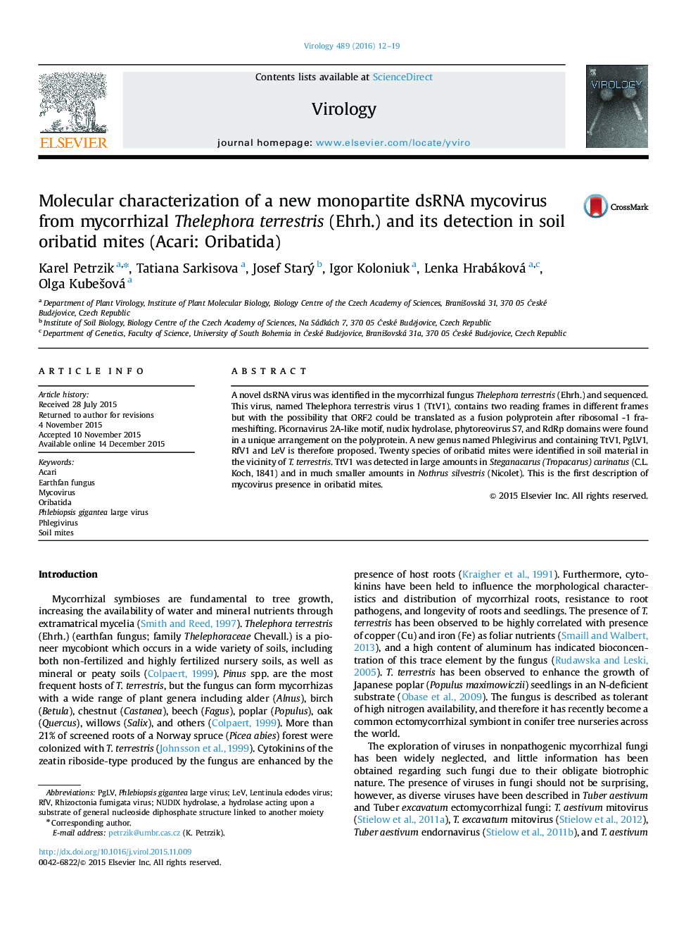 Molecular characterization of a new monopartite dsRNA mycovirus from mycorrhizal Thelephora terrestris (Ehrh.) and its detection in soil oribatid mites (Acari: Oribatida)