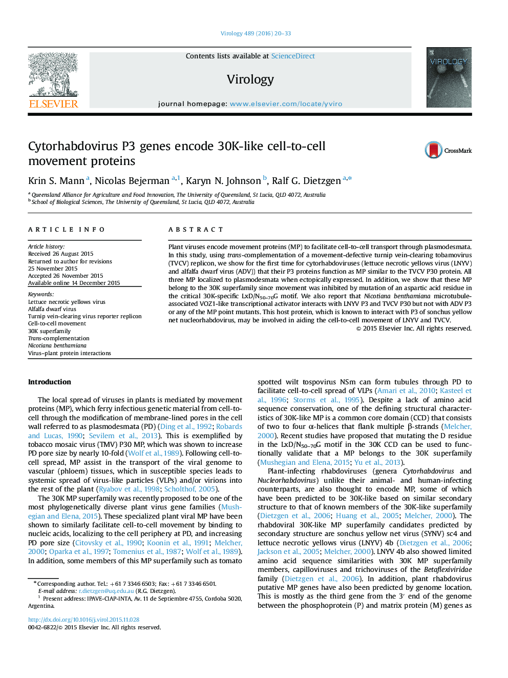 Cytorhabdovirus P3 genes encode 30K-like cell-to-cell movement proteins