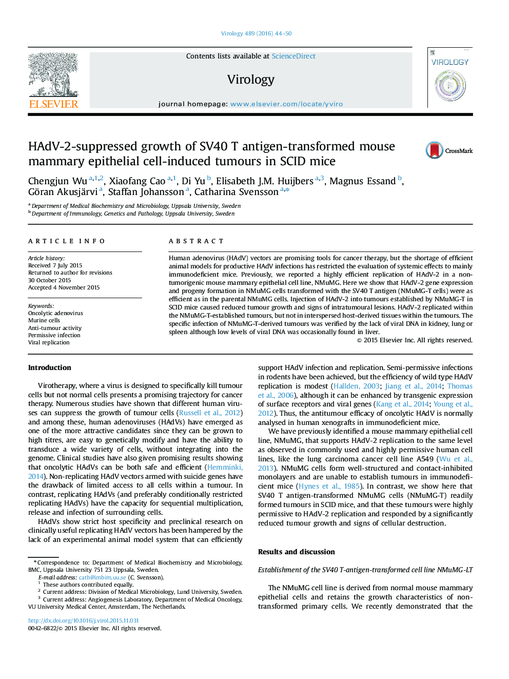 HAdV-2-suppressed growth of SV40 T antigen-transformed mouse mammary epithelial cell-induced tumours in SCID mice