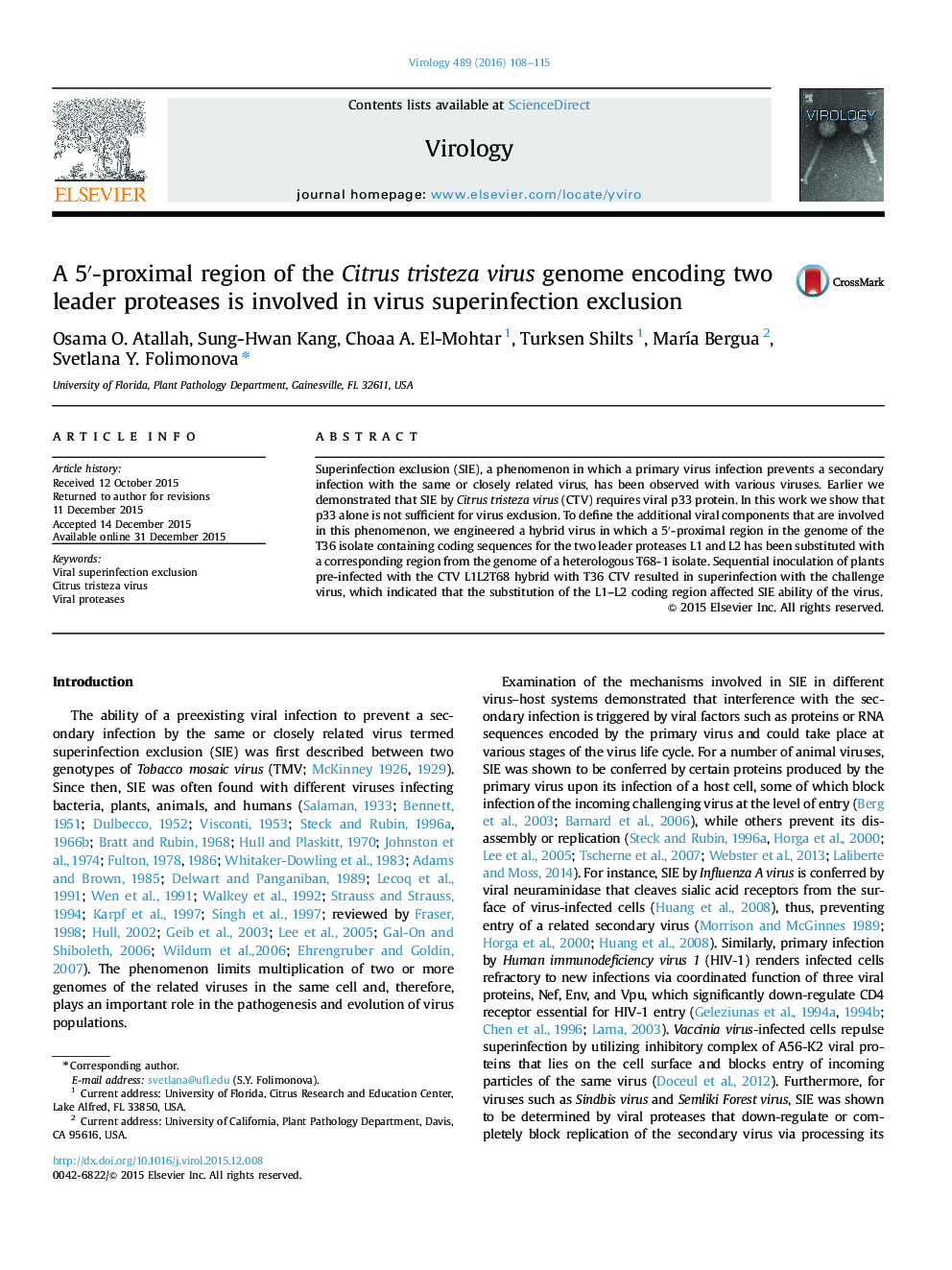 A 5â²-proximal region of the Citrus tristeza virus genome encoding two leader proteases is involved in virus superinfection exclusion