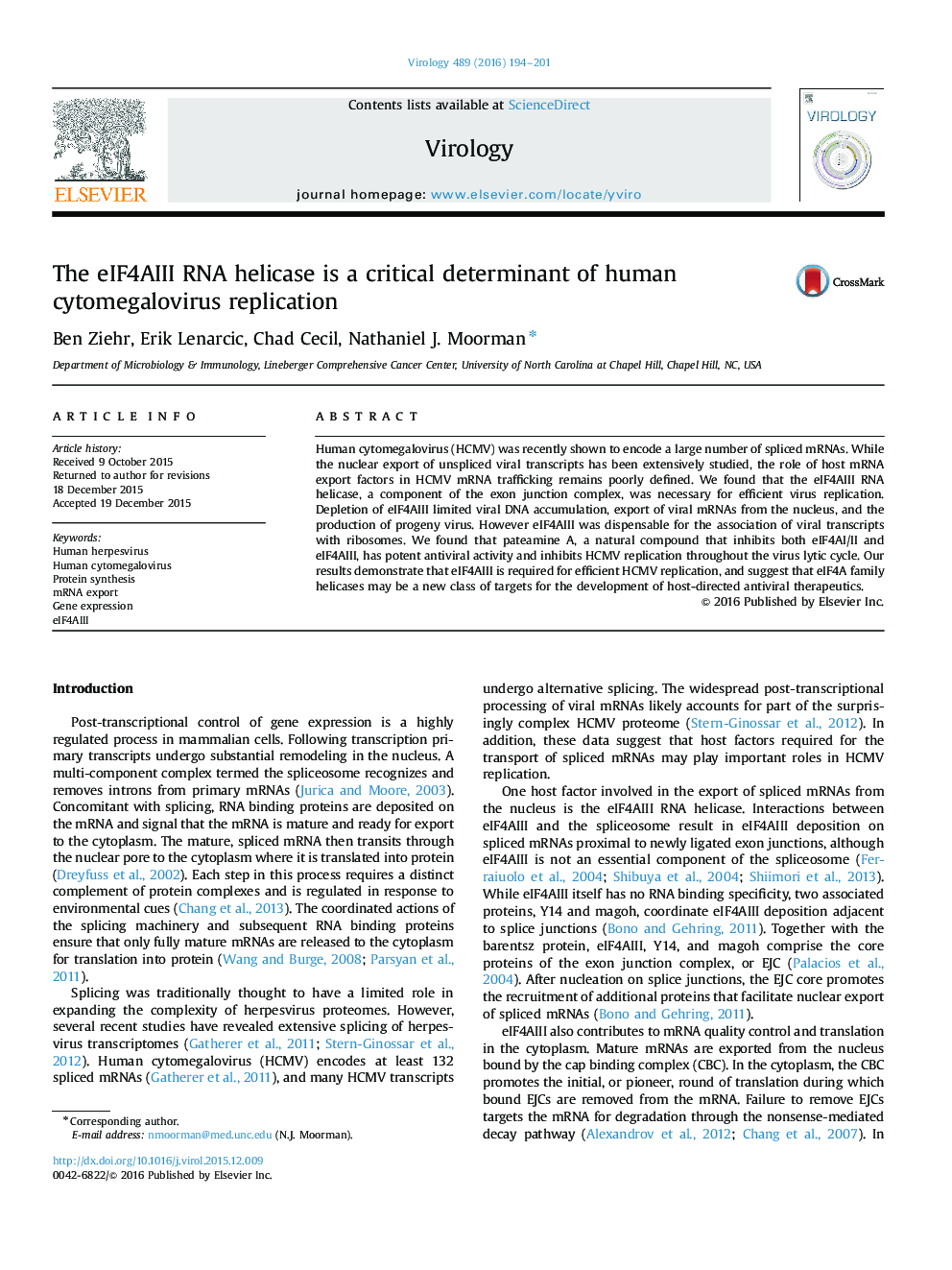 The eIF4AIII RNA helicase is a critical determinant of human cytomegalovirus replication