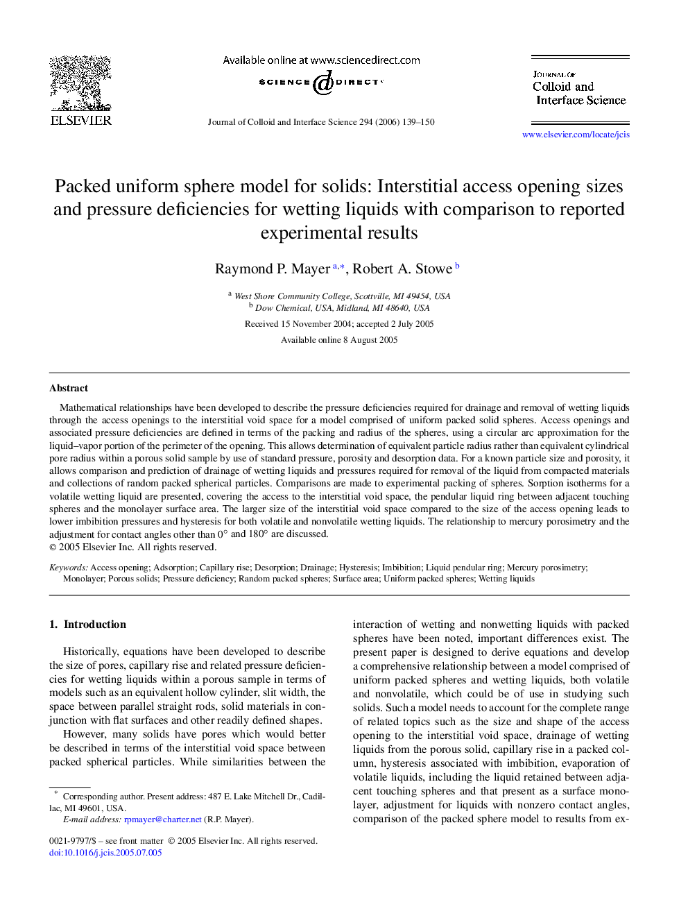 Packed uniform sphere model for solids: Interstitial access opening sizes and pressure deficiencies for wetting liquids with comparison to reported experimental results