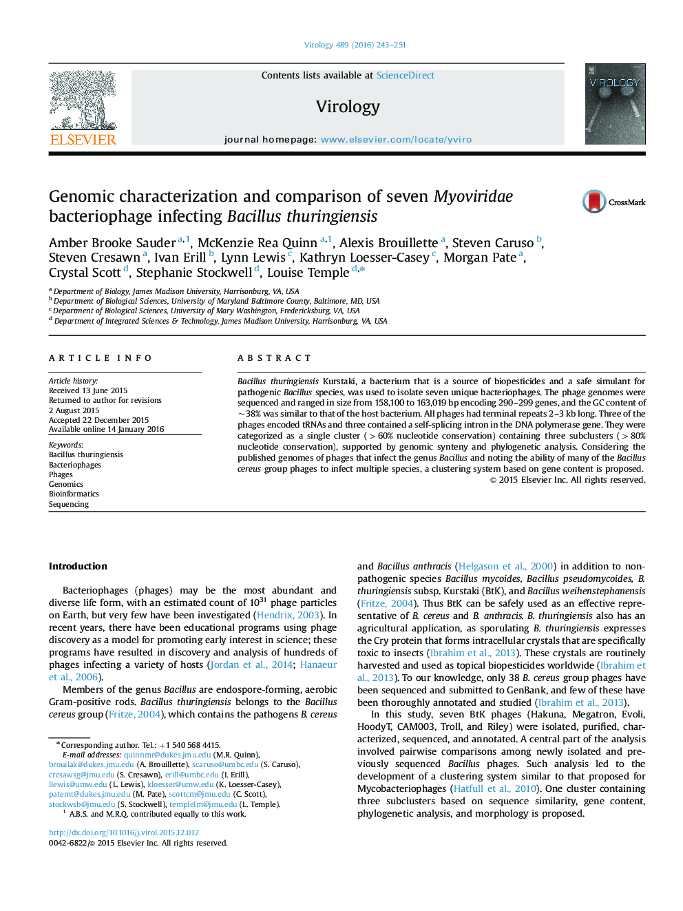 Genomic characterization and comparison of seven Myoviridae bacteriophage infecting Bacillus thuringiensis