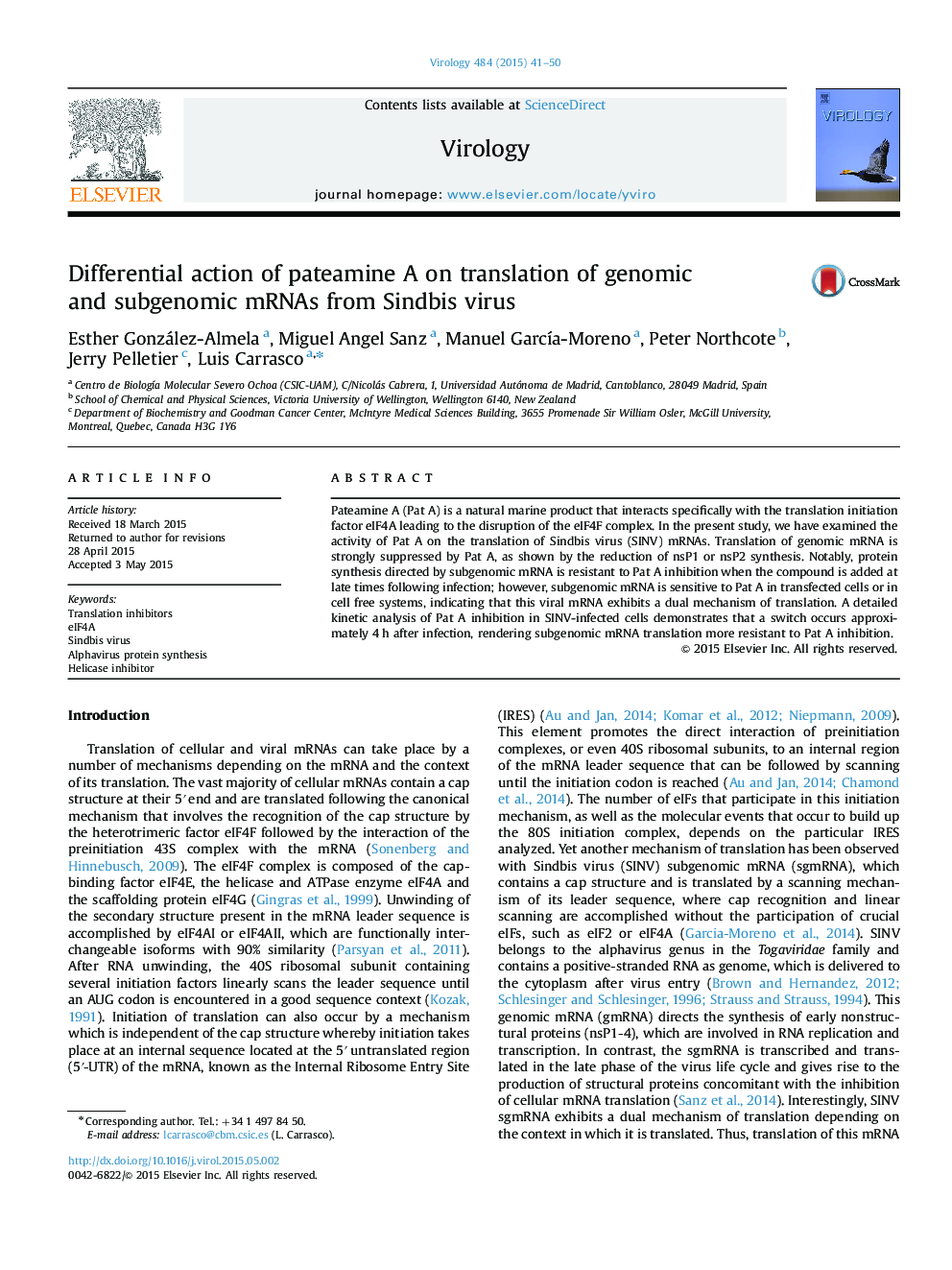 Differential action of pateamine A on translation of genomic and subgenomic mRNAs from Sindbis virus