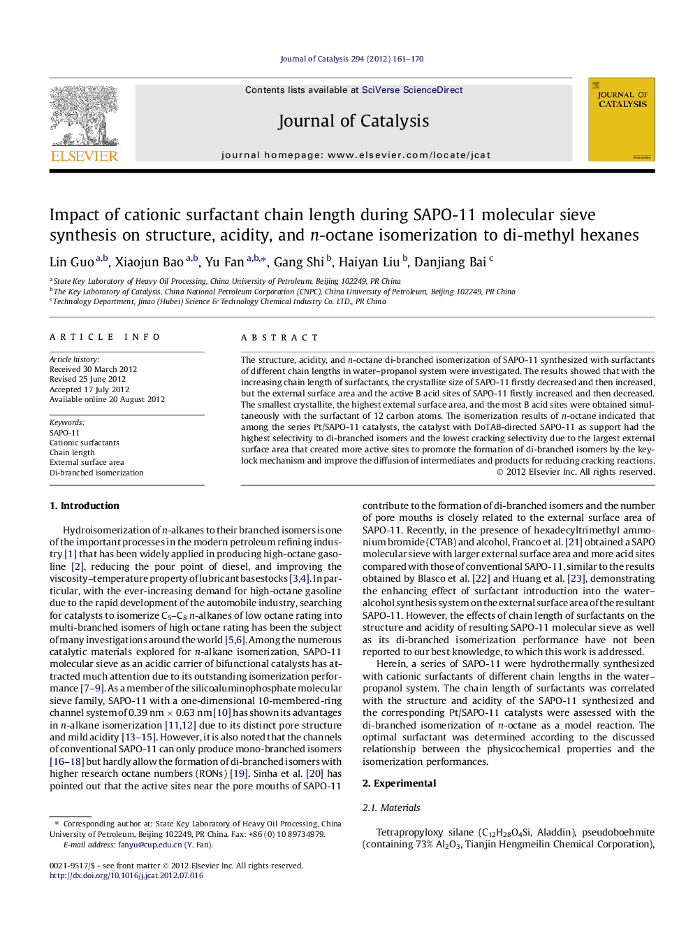 Impact of cationic surfactant chain length during SAPO-11 molecular sieve synthesis on structure, acidity, and n-octane isomerization to di-methyl hexanes