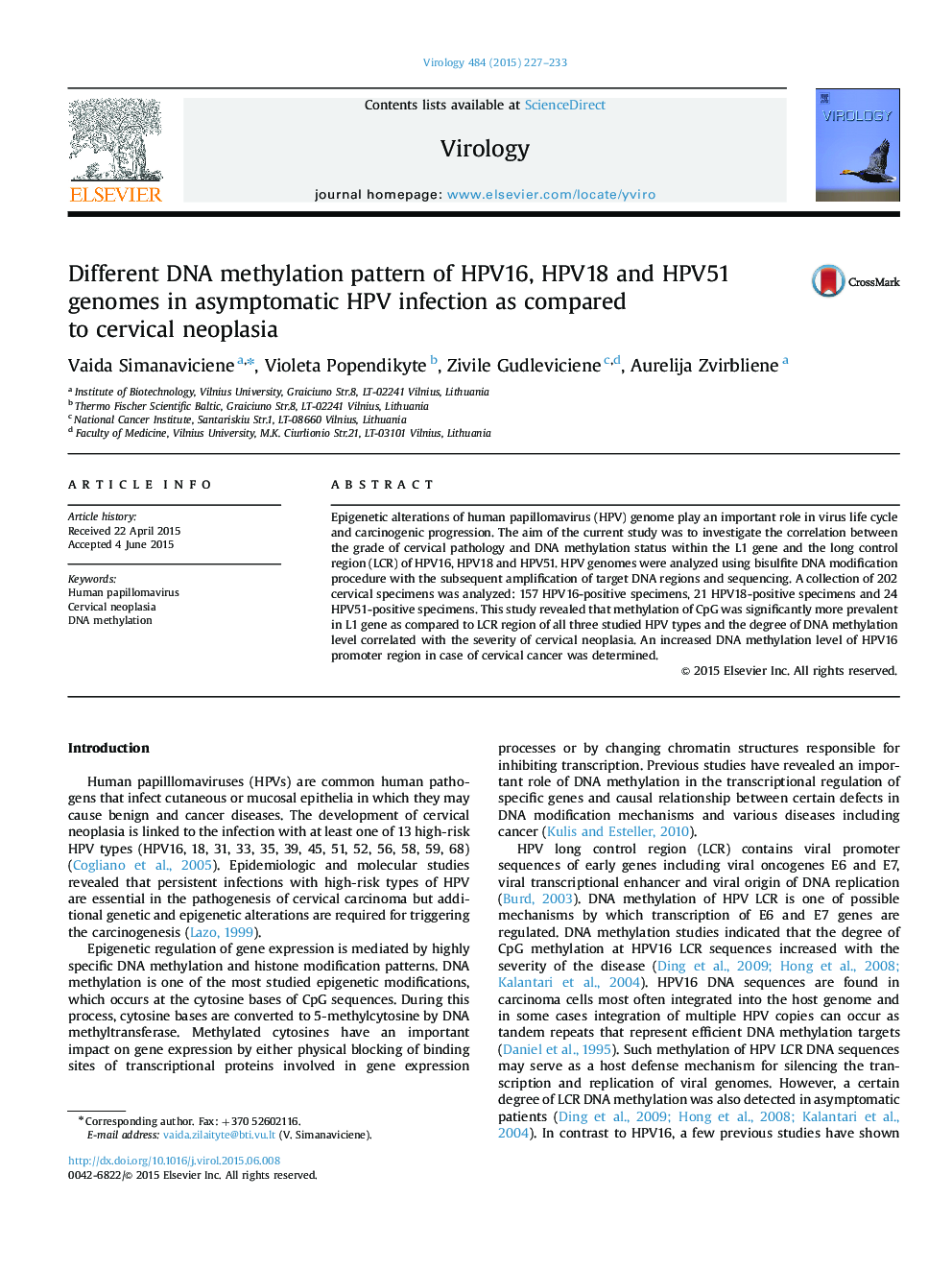 Different DNA methylation pattern of HPV16, HPV18 and HPV51 genomes in asymptomatic HPV infection as compared to cervical neoplasia