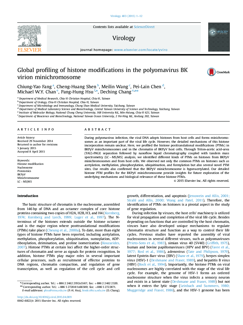 Global profiling of histone modifications in the polyomavirus BK virion minichromosome