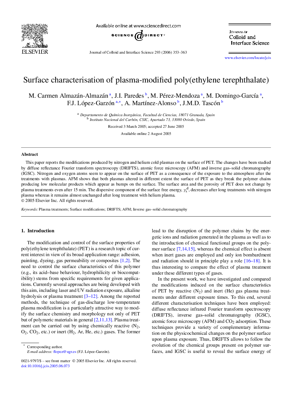 Surface characterisation of plasma-modified poly(ethylene terephthalate)