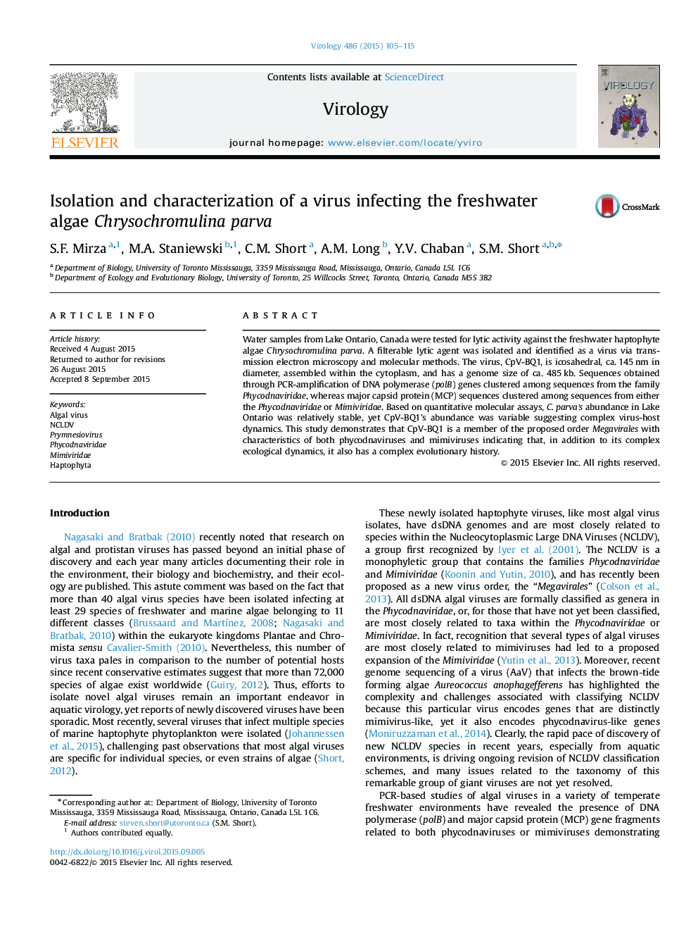 Isolation and characterization of a virus infecting the freshwater algae Chrysochromulina parva