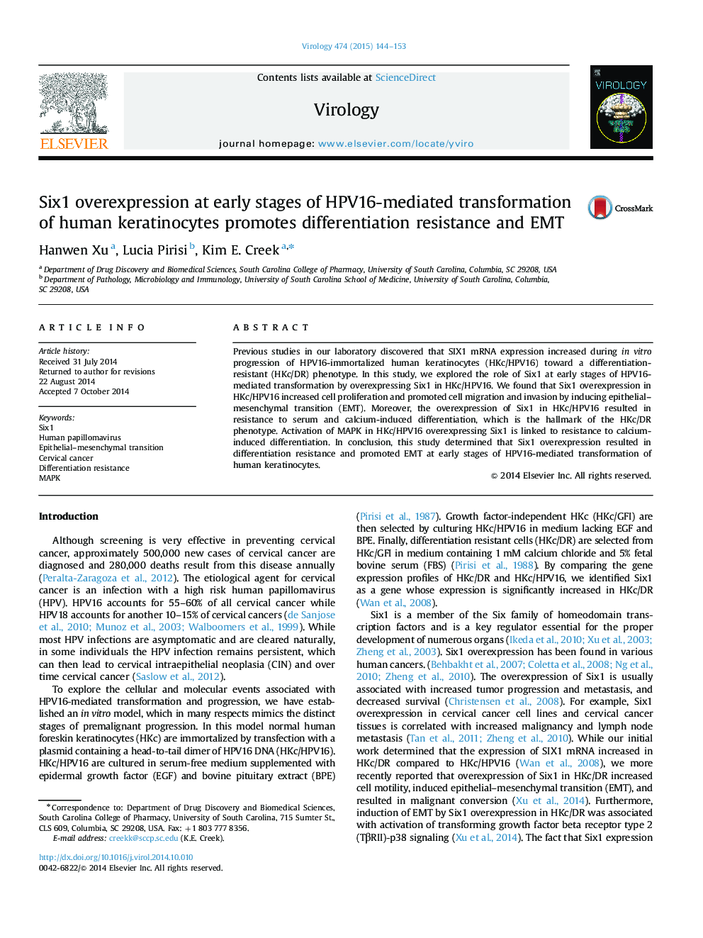 Six1 overexpression at early stages of HPV16-mediated transformation of human keratinocytes promotes differentiation resistance and EMT