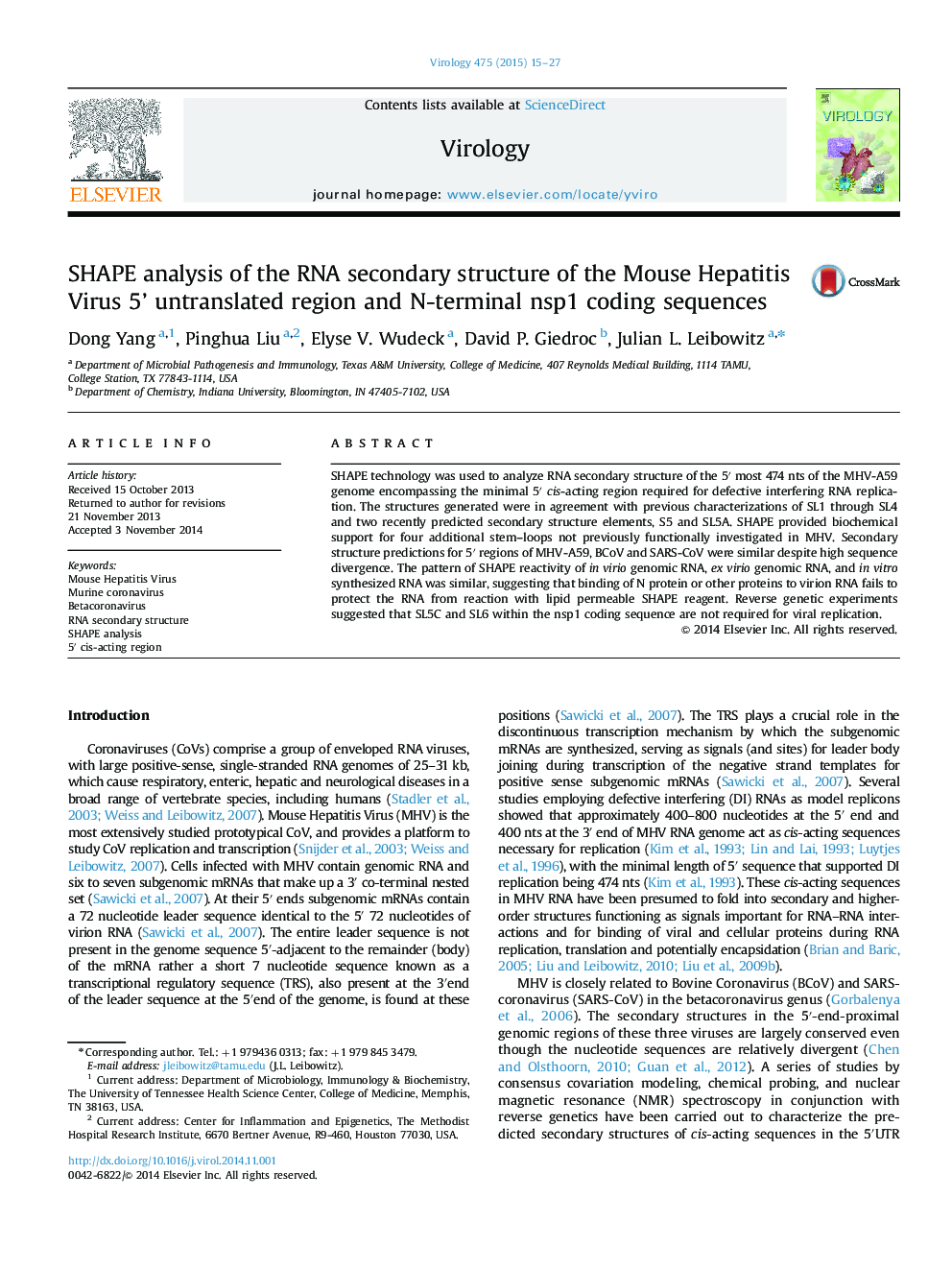 SHAPE analysis of the RNA secondary structure of the Mouse Hepatitis Virus 5' untranslated region and N-terminal nsp1 coding sequences