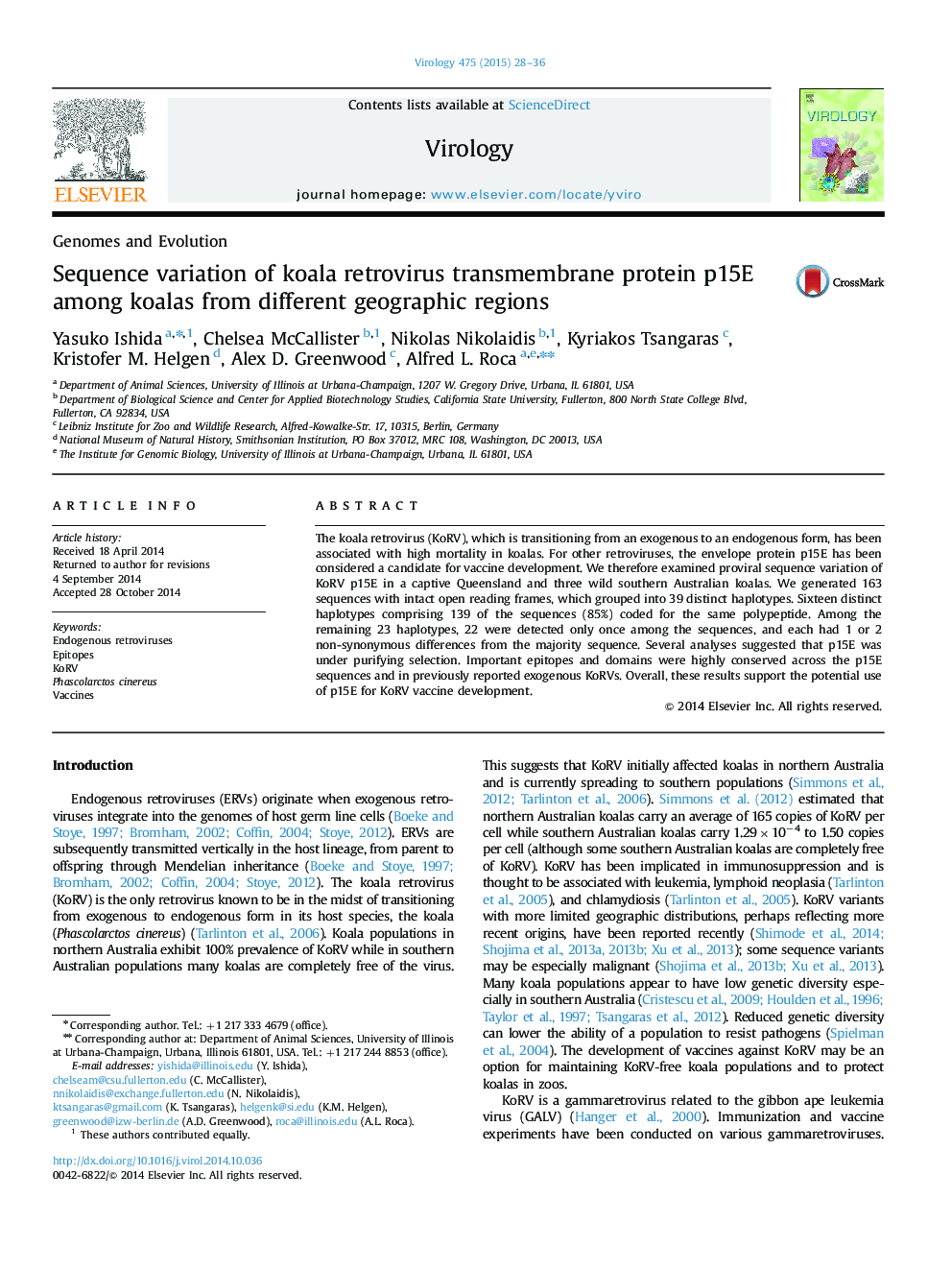 Sequence variation of koala retrovirus transmembrane protein p15E among koalas from different geographic regions