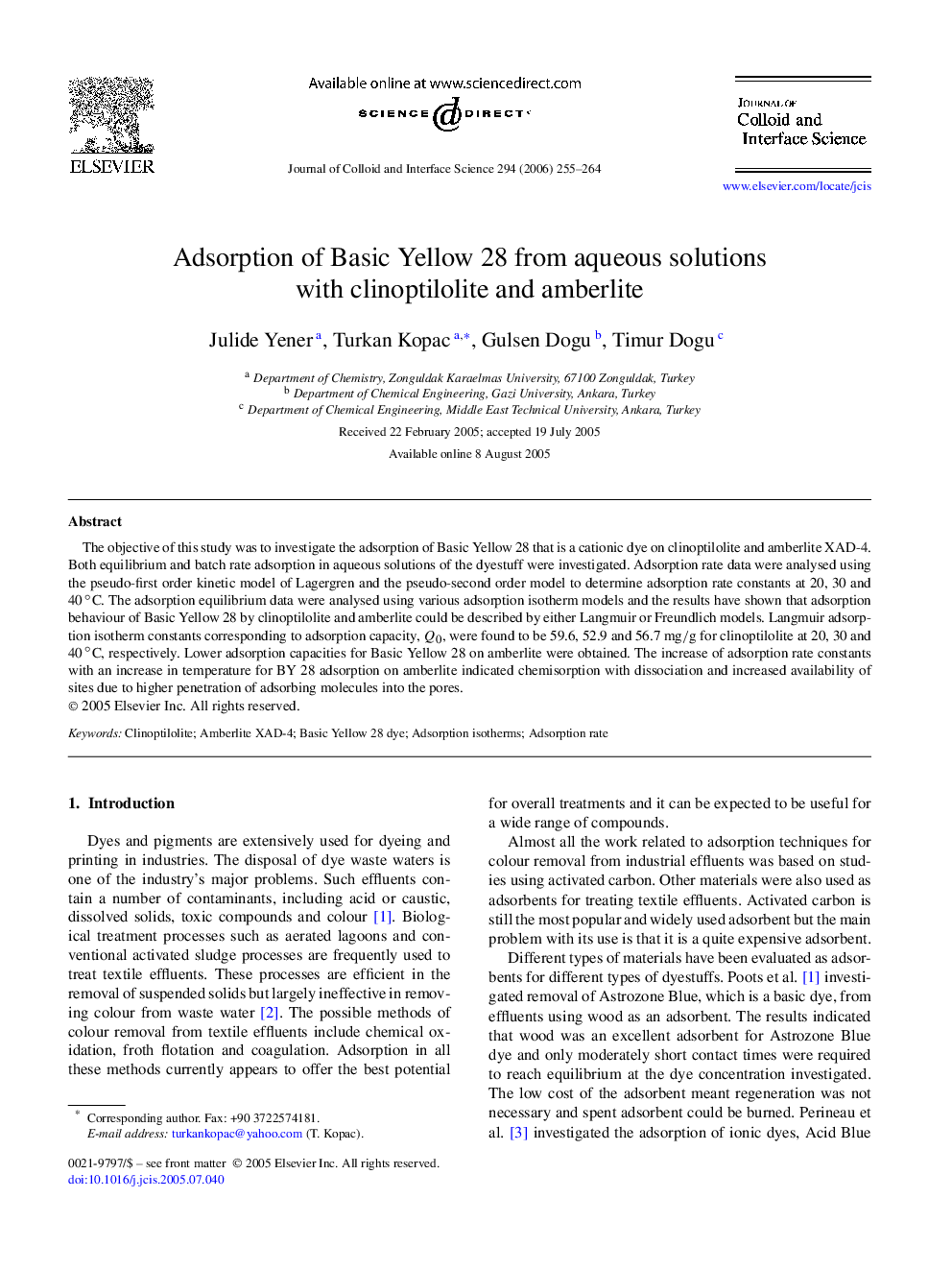 Adsorption of Basic Yellow 28 from aqueous solutions with clinoptilolite and amberlite