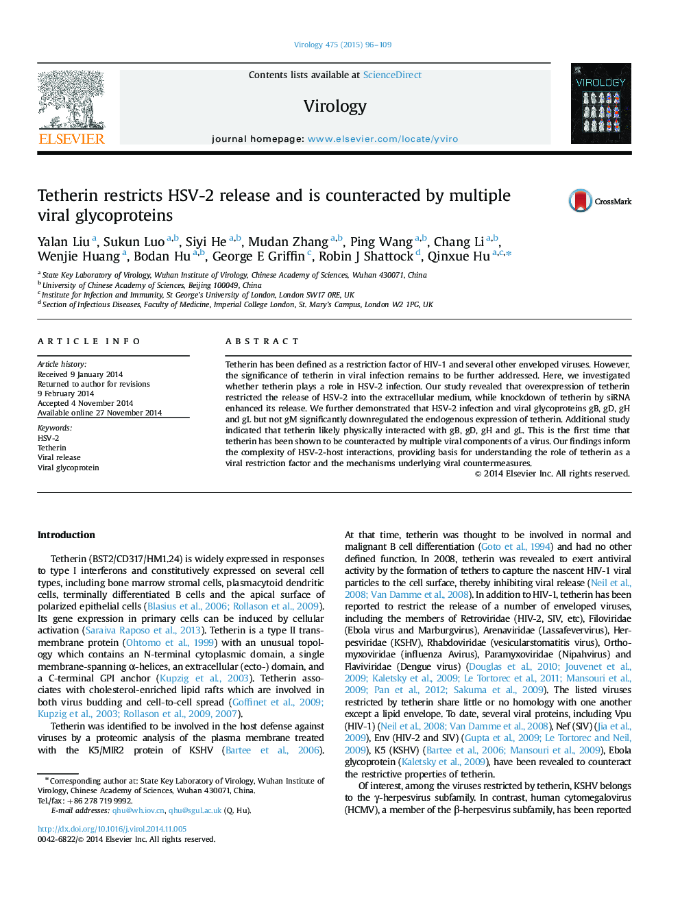 Tetherin restricts HSV-2 release and is counteracted by multiple viral glycoproteins