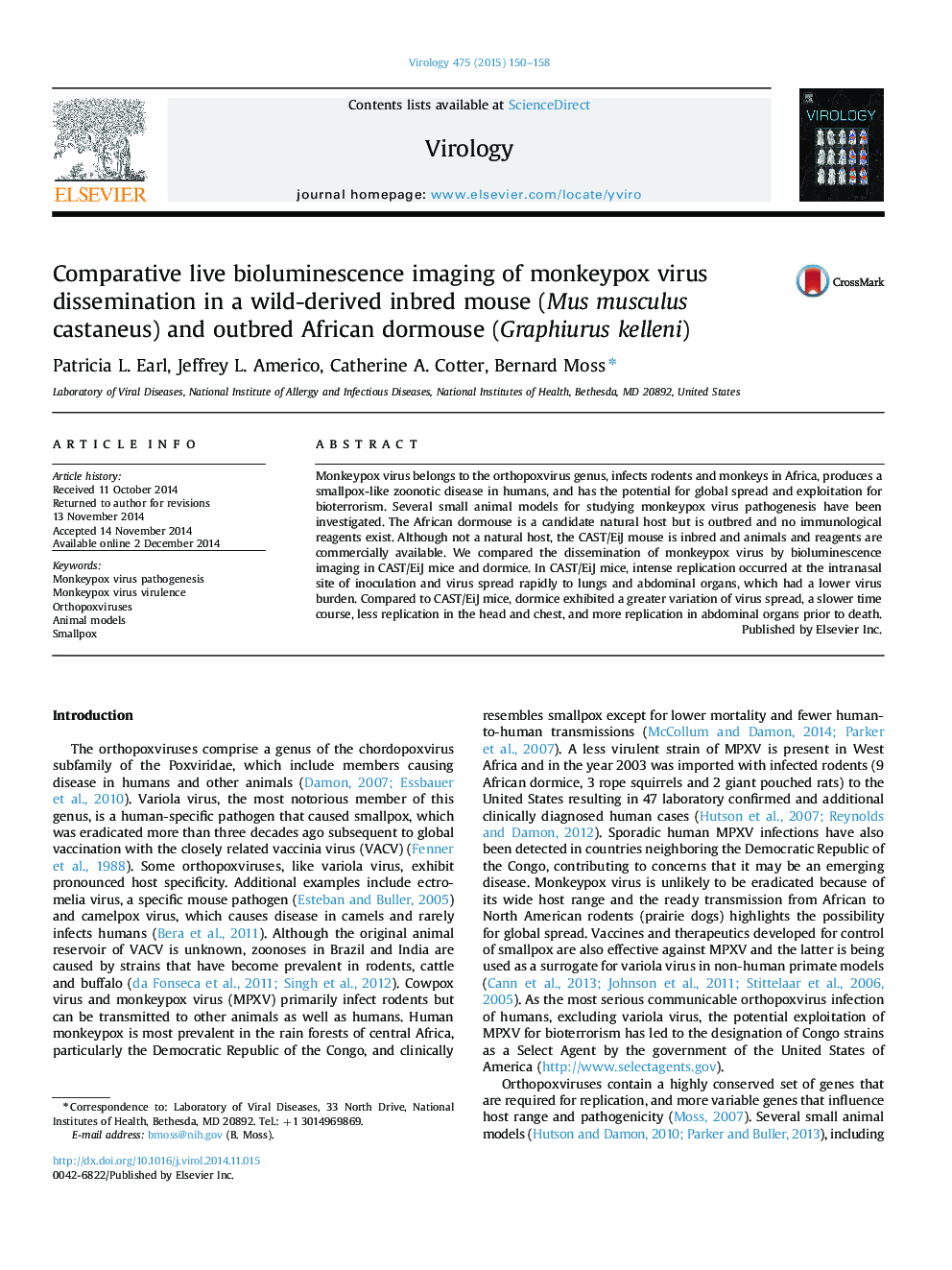 Comparative live bioluminescence imaging of monkeypox virus dissemination in a wild-derived inbred mouse (Mus musculus castaneus) and outbred African dormouse (Graphiurus kelleni)