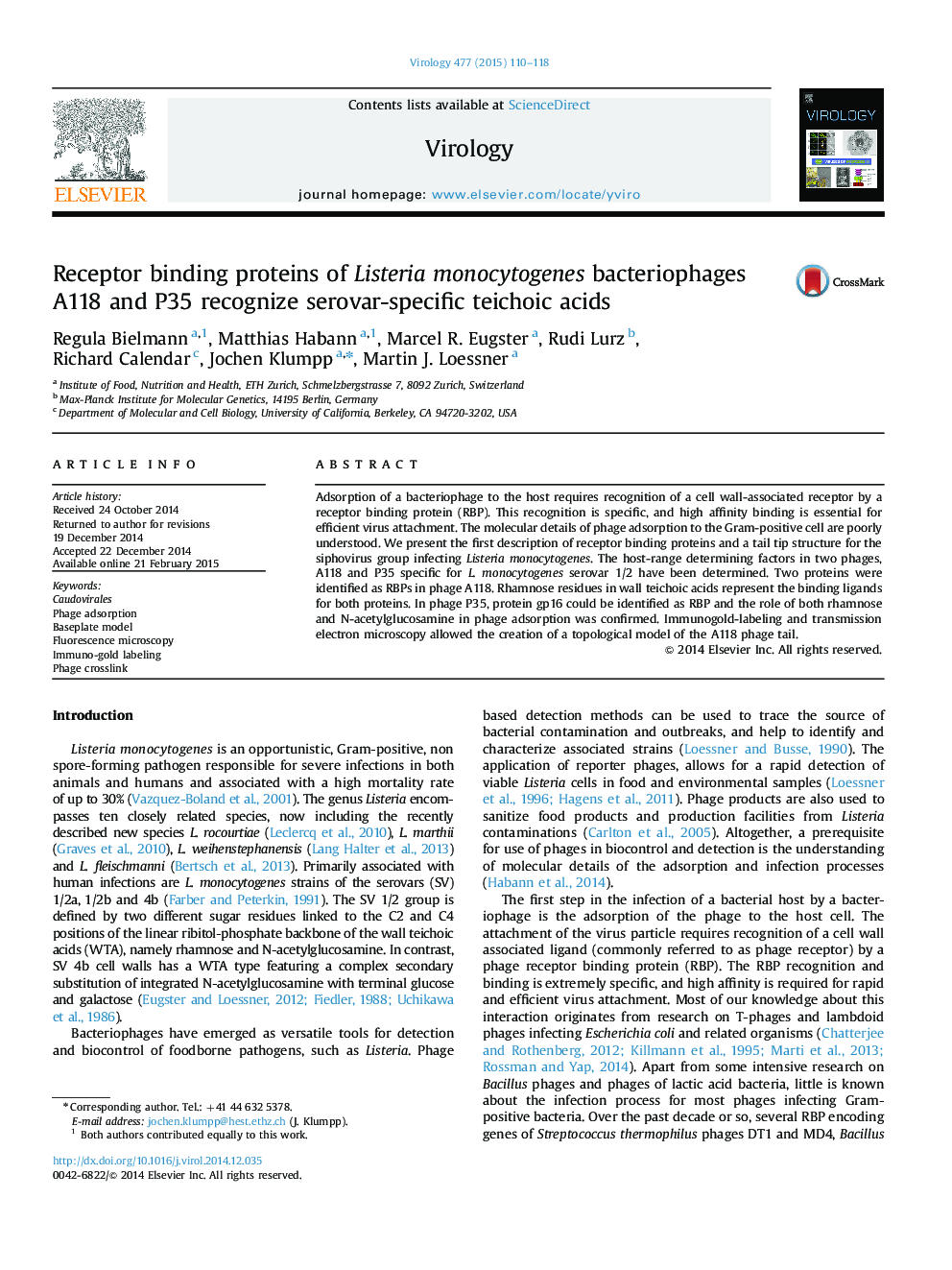 Receptor binding proteins of Listeria monocytogenes bacteriophages A118 and P35 recognize serovar-specific teichoic acids