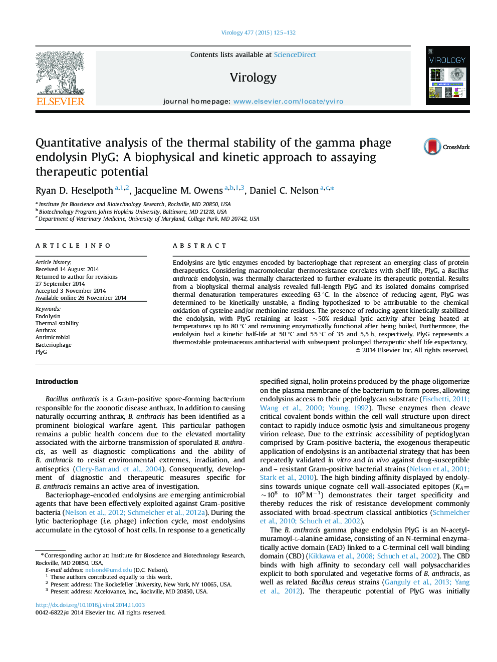 Quantitative analysis of the thermal stability of the gamma phage endolysin PlyG: A biophysical and kinetic approach to assaying therapeutic potential