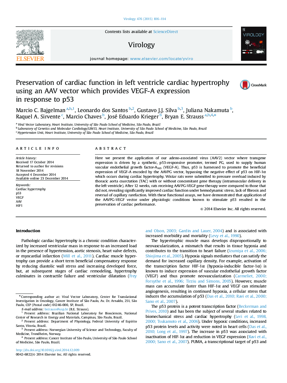 Preservation of cardiac function in left ventricle cardiac hypertrophy using an AAV vector which provides VEGF-A expression in response to p53