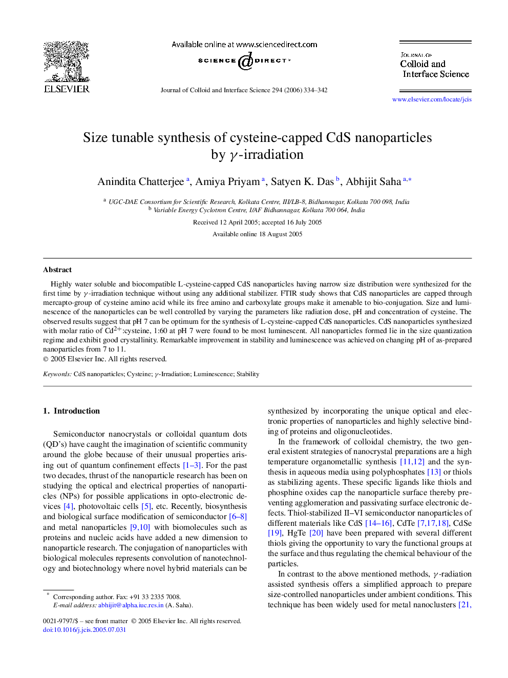 Size tunable synthesis of cysteine-capped CdS nanoparticles by γ-irradiation