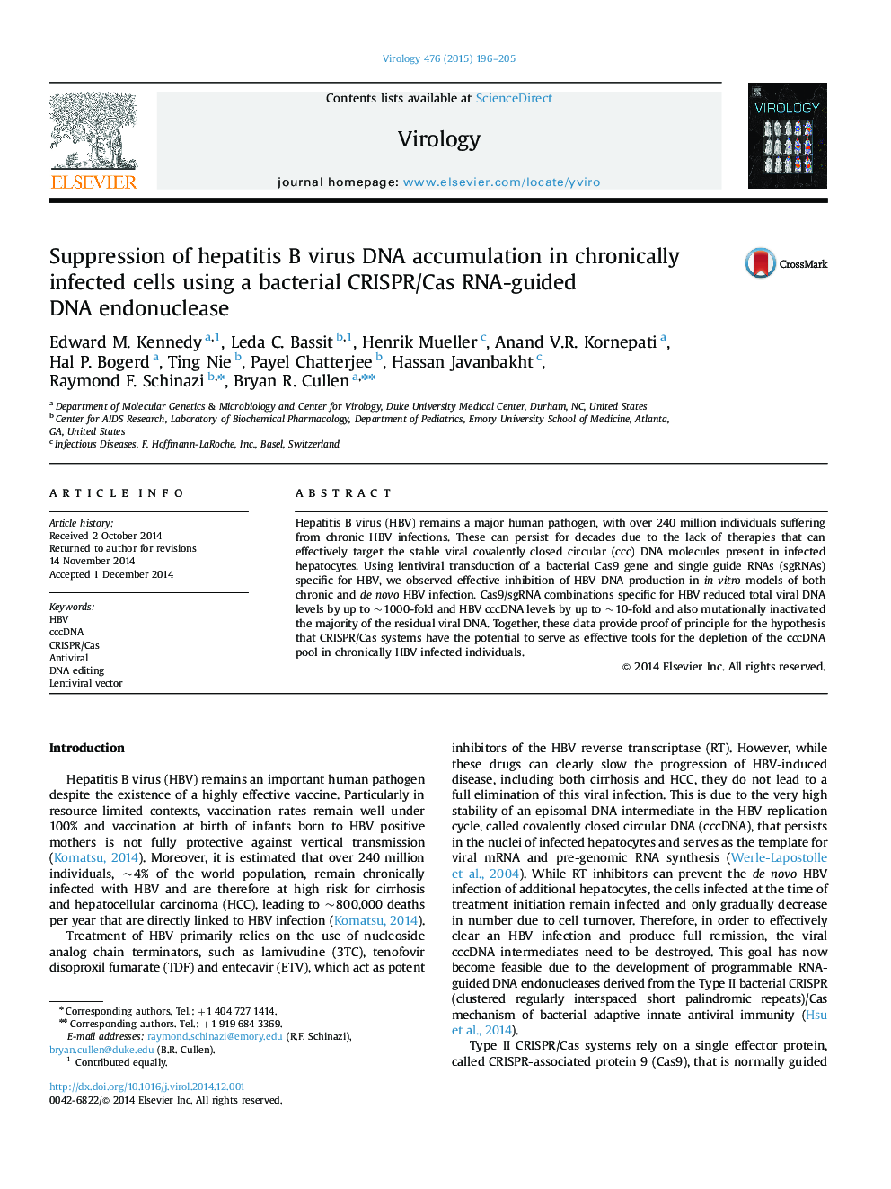 Suppression of hepatitis B virus DNA accumulation in chronically infected cells using a bacterial CRISPR/Cas RNA-guided DNA endonuclease