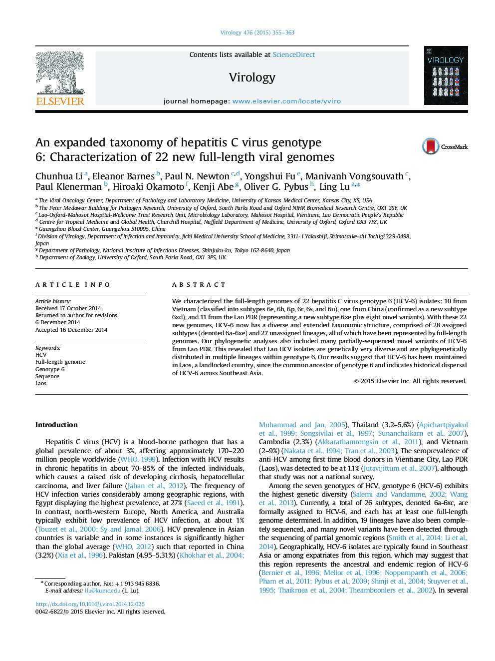 An expanded taxonomy of hepatitis C virus genotype 6: Characterization of 22 new full-length viral genomes