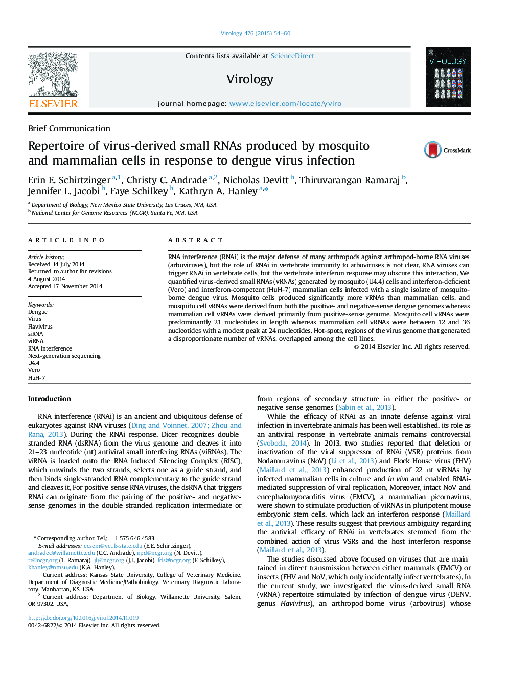 Repertoire of virus-derived small RNAs produced by mosquito and mammalian cells in response to dengue virus infection