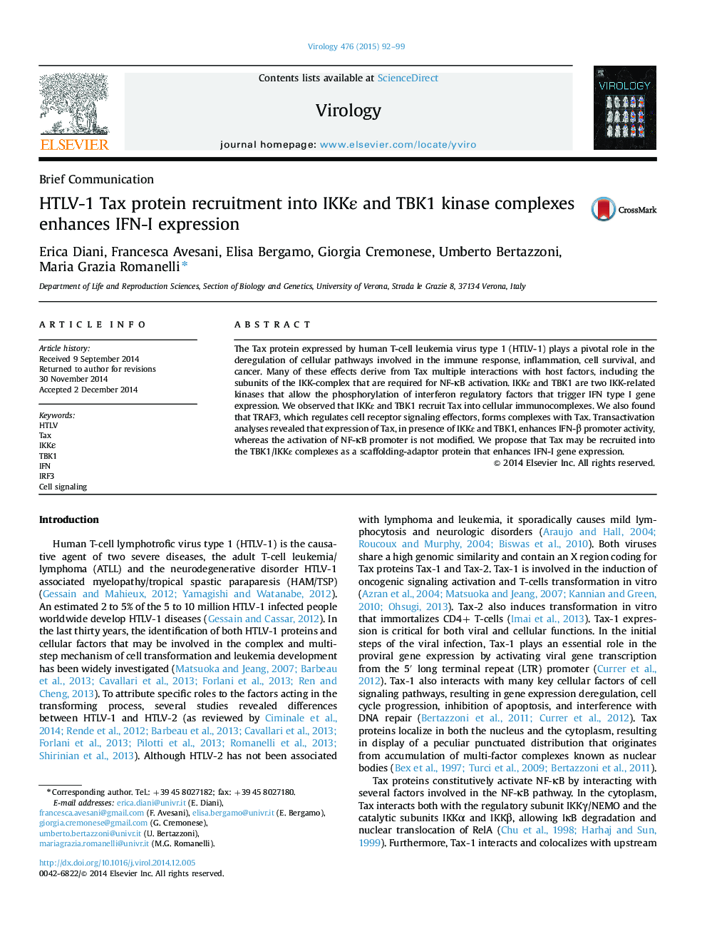 HTLV-1 Tax protein recruitment into IKKÎµ and TBK1 kinase complexes enhances IFN-I expression