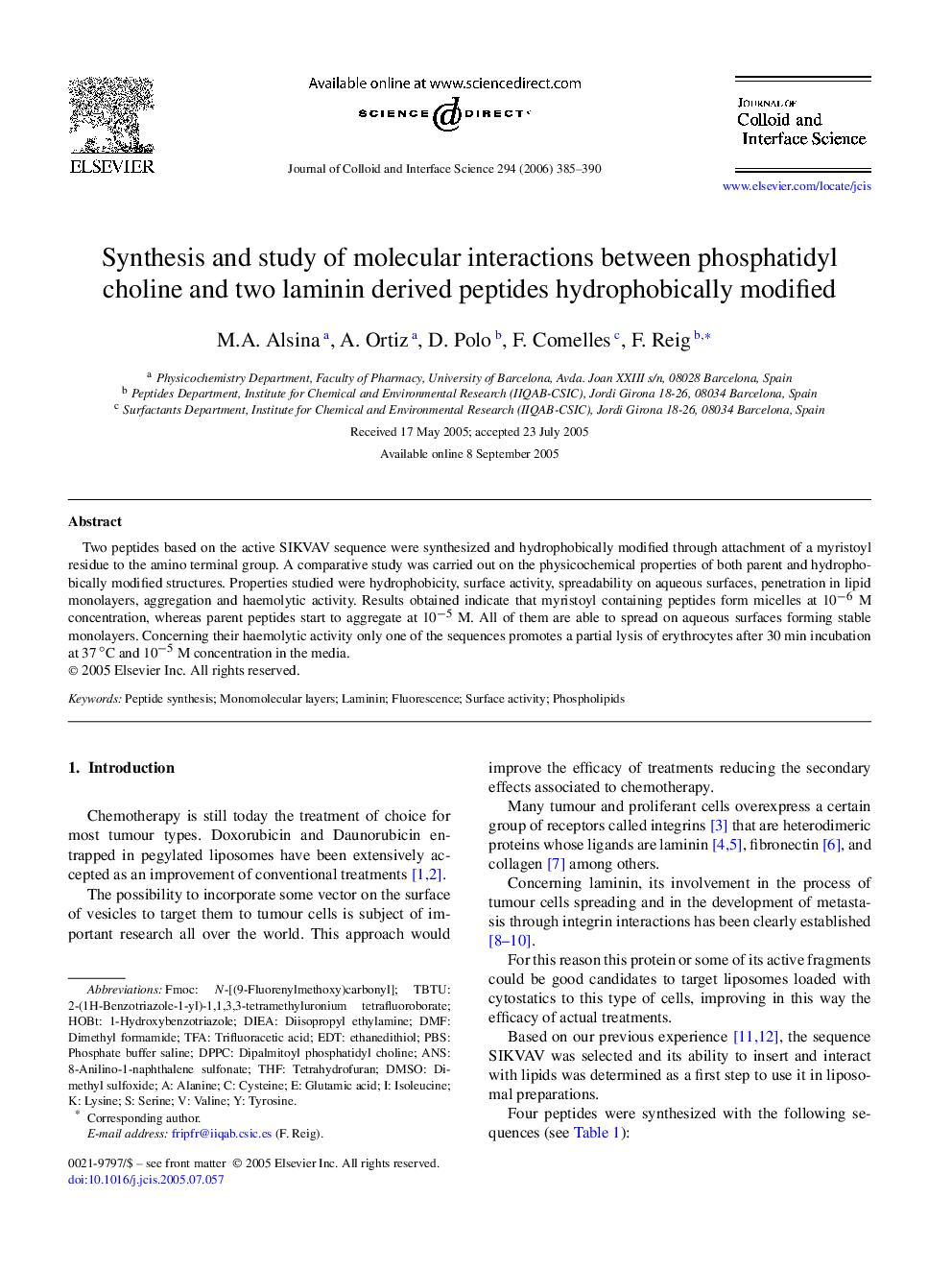 Synthesis and study of molecular interactions between phosphatidyl choline and two laminin derived peptides hydrophobically modified