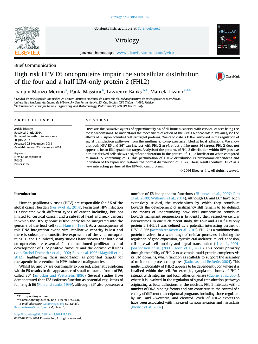 High risk HPV E6 oncoproteins impair the subcellular distribution of the four and a half LIM-only protein 2 (FHL2)