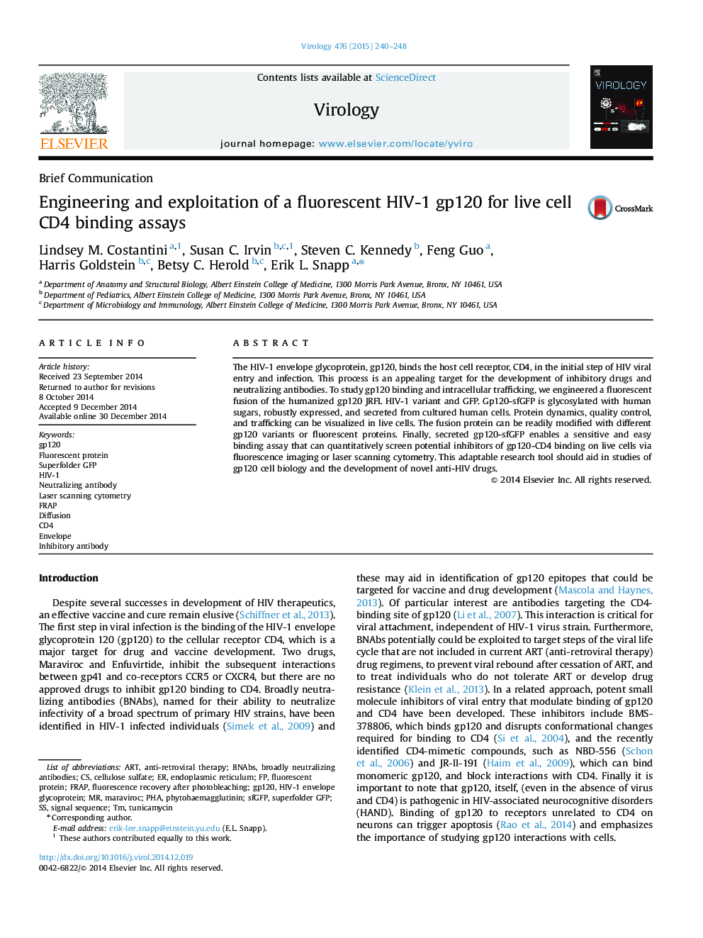 Engineering and exploitation of a fluorescent HIV-1 gp120 for live cell CD4 binding assays