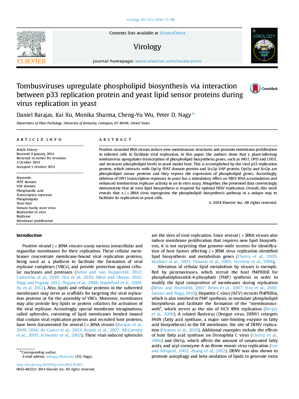 Tombusviruses upregulate phospholipid biosynthesis via interaction between p33 replication protein and yeast lipid sensor proteins during virus replication in yeast